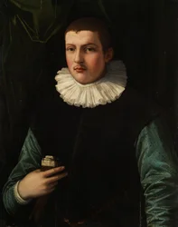 Portret van een jongeman met kraag en uitgetrokken handschoenen in de rechterhand